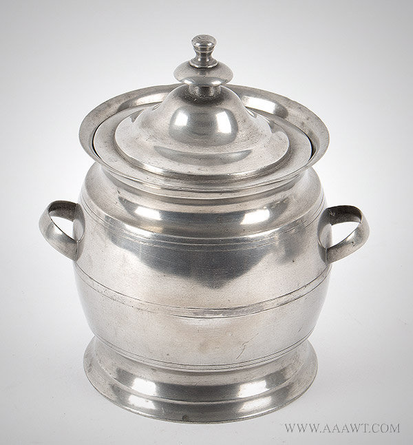 Pewter, Sugar Bowl, Rare Cafeteria Form, Strap Handles, George Richardson
Fine Unmarked Example, Boston 1818 to 1828, entire view